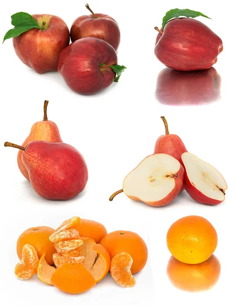 A lot of ripe and juicy fruit on a white background. Apples and pears and Mandarin together. — Stock Photo, Image