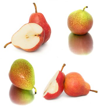 çok büyük, olgun, parlak armut. Armut beyaz bir arka plan, bütün ve kesit.