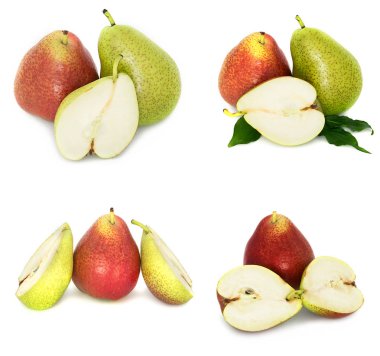 çok büyük, olgun, parlak armut. Armut beyaz bir arka plan, bütün ve kesit.