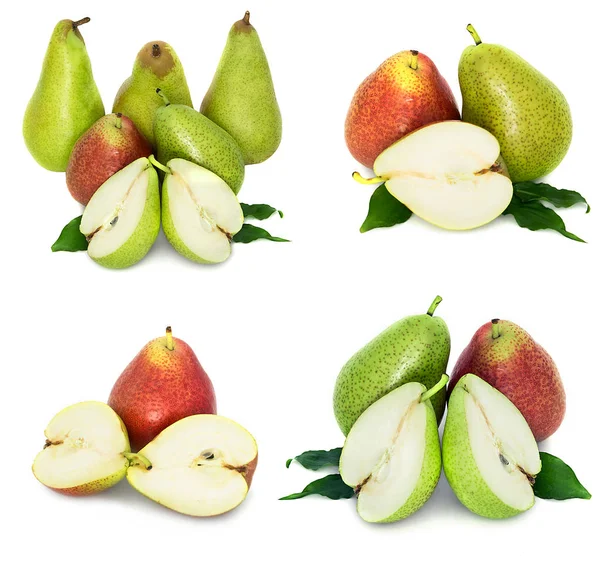 A lot of big, ripe, bright pears. pears on a white background, whole and in cross section. — Stock Photo, Image