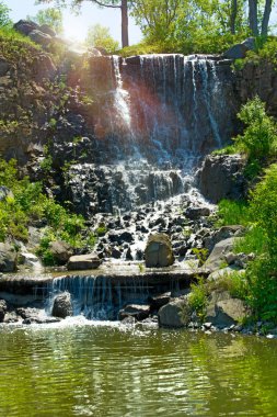 güneş ışığı, yeşil ormanlarla çevrili çok güzel su jetleri altında güzel şelale. 