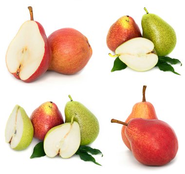 çok büyük, olgun, parlak armut. Armut beyaz bir arka plan, bütün ve kesit.