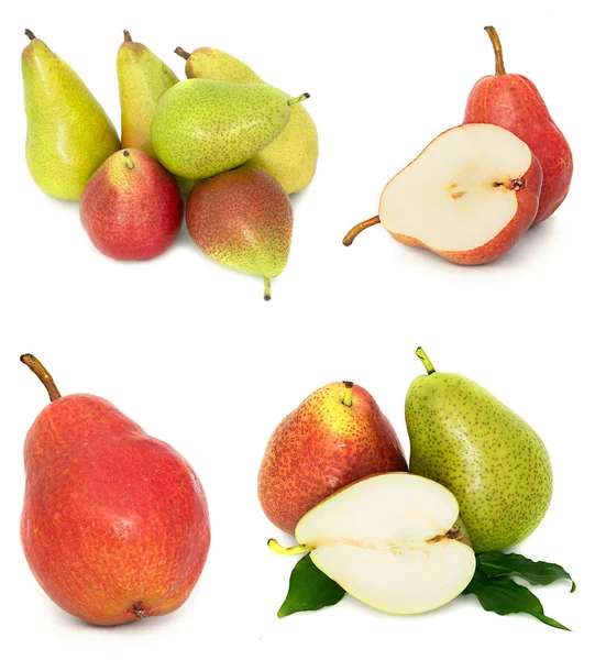 A lot of big, ripe, bright pears. pears on a white background, whole and in cross section. — Stock Photo, Image