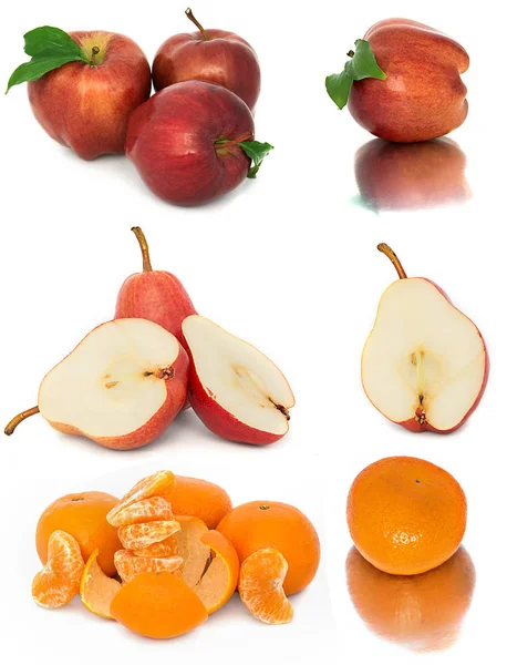 A lot of ripe and juicy fruit on a white background. Apples and pears and Mandarin together. — Stock Photo, Image