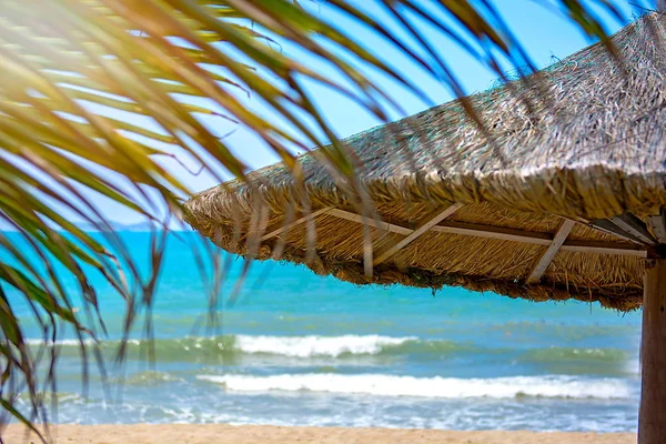 Güzel plaj şemsiyeleri ve parlak turkuaz deniz, büyük dinlenme ve rahatlama thatched. tropik cennet.