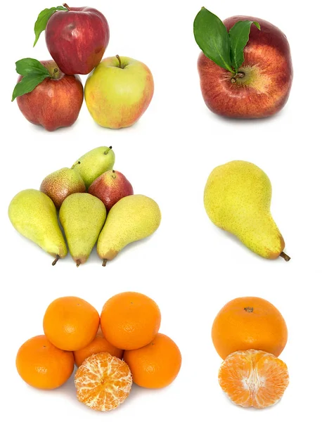 A lot of ripe and juicy fruit on a white background. Apples and pears and Mandarin together. — Stock Photo, Image