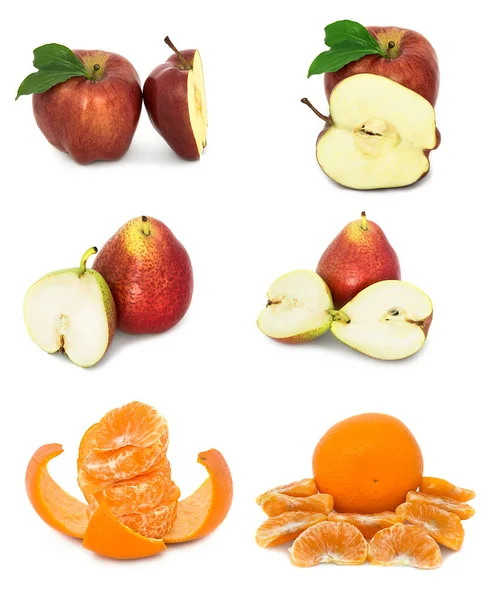 A lot of ripe and juicy fruit on a white background. Apples and pears and Mandarin together. — Stock Photo, Image