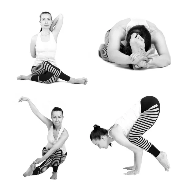 Young girl practices yoga, white background, many different poses in one. — Stock Photo, Image