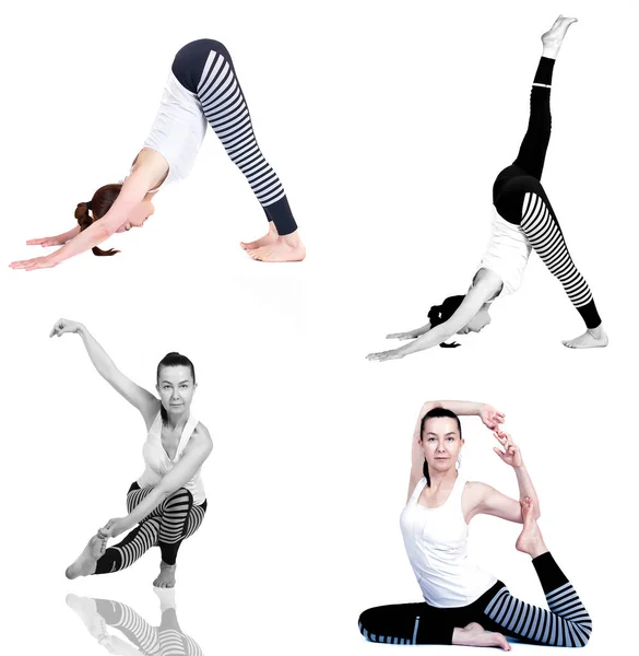 Jong meisje praktijken yoga, witte achtergrond, vele verschillende poses in een. — Stockfoto