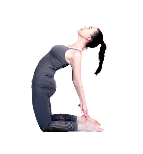Chica joven realiza diferentes poses de yoga, modelo hermoso flexible sobre un fondo blanco. meditación y asanas . —  Fotos de Stock