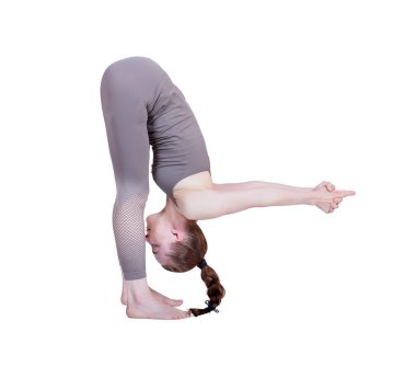 Genç kız Yoga, esnek güzel model beyaz bir arka plan üzerinde farklı pozlar gerçekleştirir. meditasyon ve asanas.