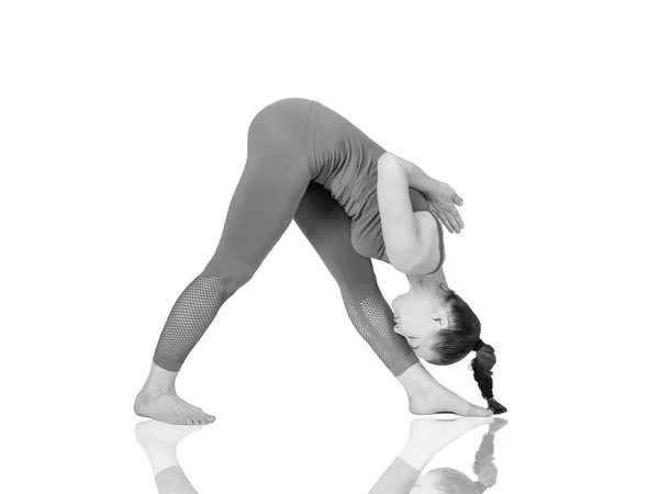 Young Girl Performs Different Poses Yoga Flexible Beautiful Model White — Stock Photo, Image