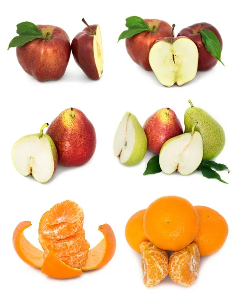 A lot of ripe and juicy fruit on a white background. Apples and pears and Mandarin together. — Stock Photo, Image