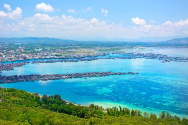 beyaz kum ve palmiye ağaçları, turkuaz deniz ile lagün güzel manzarasına. En baştan görüntülemek.