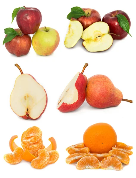 A lot of ripe and juicy fruit on a white background. Apples and pears and Mandarin together. — Stock Photo, Image