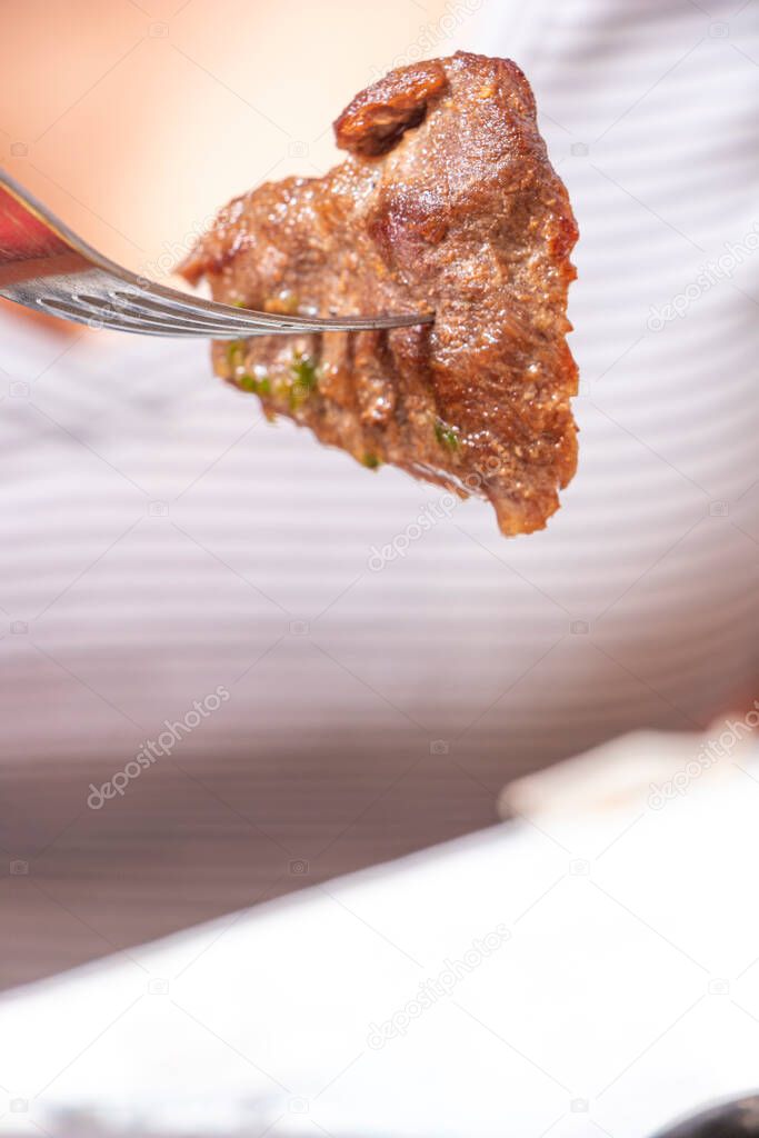 Persona comiendo un pedazo de carne de res con tenedor. Mujer de cabello oscuro con camisa a rayas grises a la hora del almuerzo con plato de carne hecha en casa