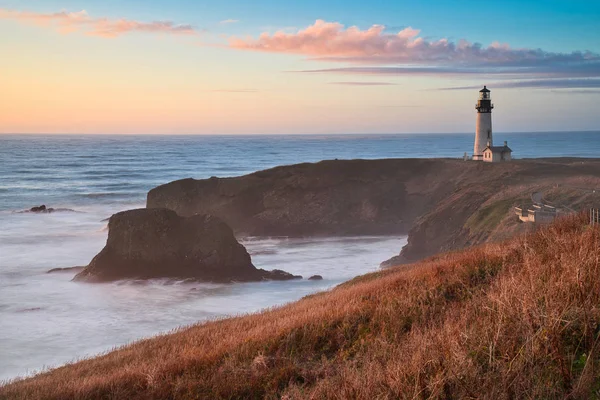 Foto Fyren Yaquina Huvud Oregon Solnedgången Tid — Stockfoto