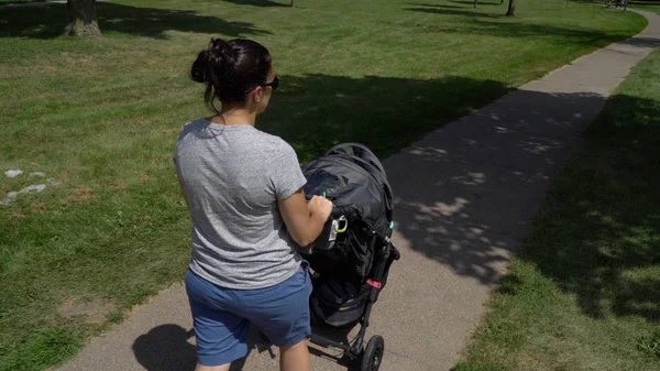 Overhead view young mother walking baby stroller through park on sidewalk on beautiful summer day. Wearing Tshirt shorts sunglasses enjoying nice warm weather wtih child and getting exercise