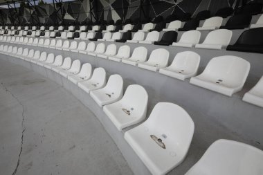 stadium seat with nobody on empty sport arena, football. High quality photo