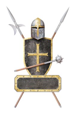 Altın antik silah ve metal çerçeve beyaz üzerine izole