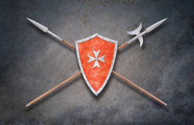 Kırmızı kalkan çapraz mızrakla süslenmiş ve koyu grunge arkaplanda halberd
