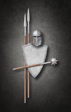 Şövalye miğferi, beyaz kalkan topuzu ve arka planda iki mızrak.