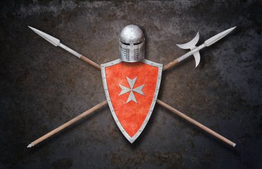 Kırmızı başlıklı, çapraz mızraklı ve koyu grunge arka planda halberd.