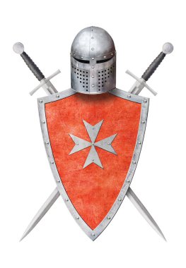 iki kılıç miğferi ve kırmızı kalkanla donatılmış beyaz haçla izole edilmiş