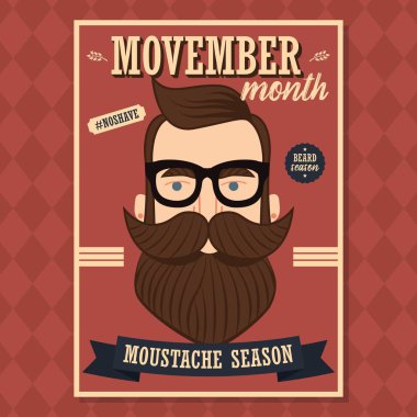 Movember afiş tasarımı, prostat kanseri bilinçlendirme, sakal ve bıyık, hipster adamla illüstrasyon vektör