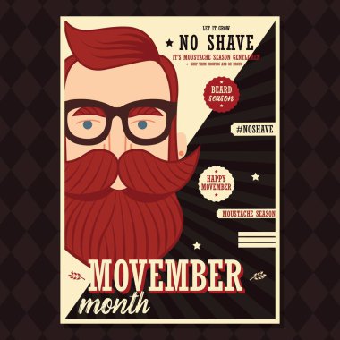 Movember afiş tasarımı, prostat kanseri bilinçlendirme, sakal ve bıyık, hipster adamla illüstrasyon vektör