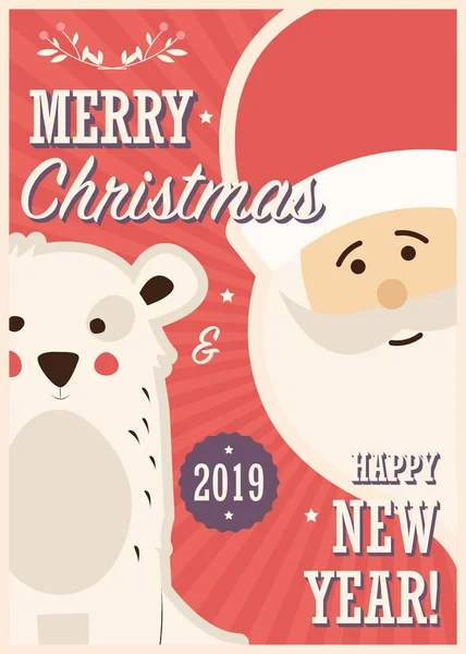 Frohe Weihnachtskarte Mit Weihnachtsmann Und Weißem Bären Vektor Illustration — Stockvektor
