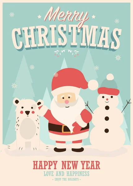 Frohe Weihnachtskarte Mit Weihnachtsmann Schneemann Und Rentieren Winterlandschaft Vektorillustration — Stockvektor