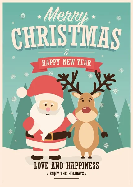 Feliz Tarjeta Navidad Con Santa Claus Renos Fondo Invierno Ilustración — Archivo Imágenes Vectoriales