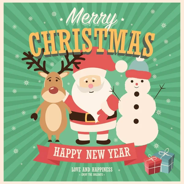 圣诞贺卡圣诞老人 雪人和驯鹿与礼品盒 向量例证 — 图库矢量图片
