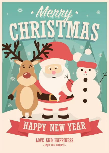 Frohe Weihnachtskarte Mit Weihnachtsmann Rentieren Und Schneemann Auf Winterlichem Hintergrund — Stockvektor