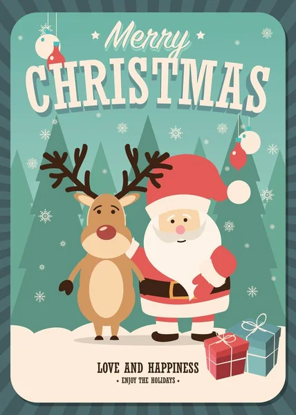 Feliz Tarjeta Navidad Con Santa Claus Renos Cajas Regalo Fondo — Vector de stock