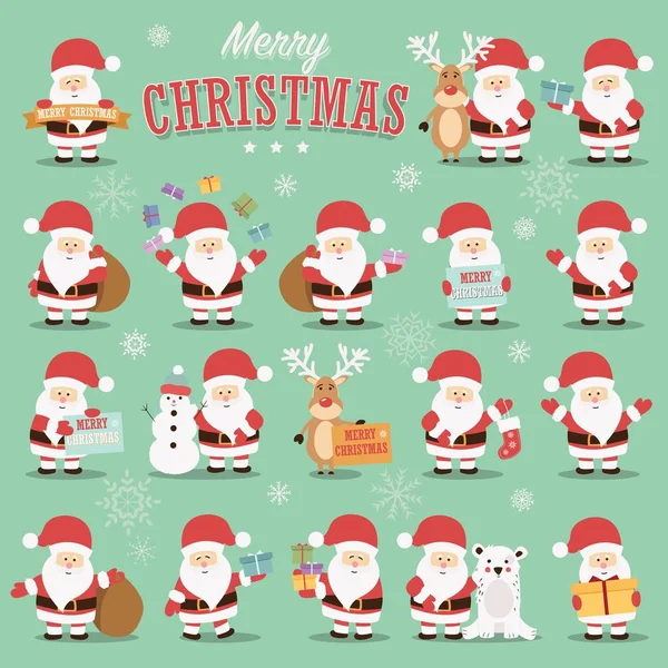 Коллекция Милых Персонажей Санта Клауса Оленями Медведем Снеговиком Подарками Векторные — стоковый вектор