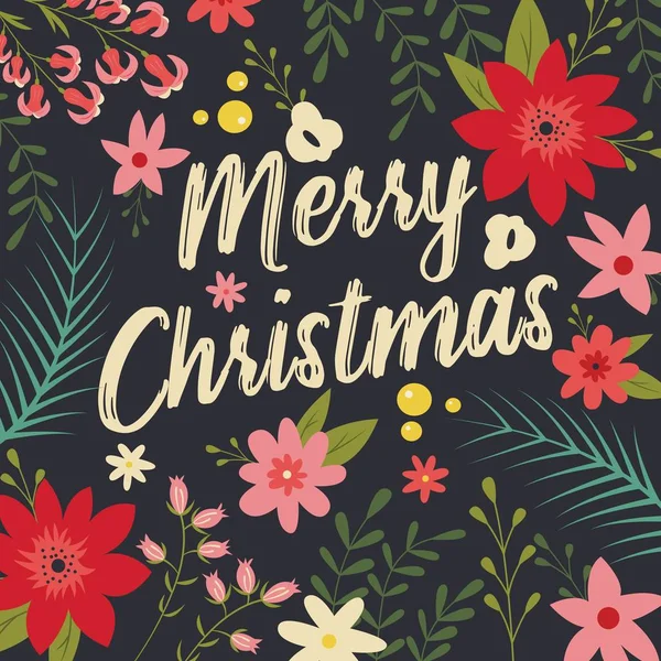 Typografische Merry Christmas Card Met Florale Decoratieve Elementen Vectorillustratie — Stockvector