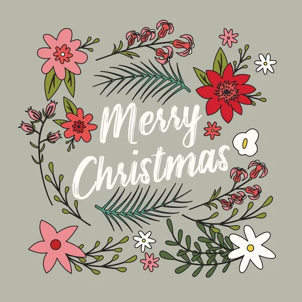 Biglietto Tipografico Buon Natale Con Elementi Decorativi Floreali Illustrazione Vettoriale — Vettoriale Stock