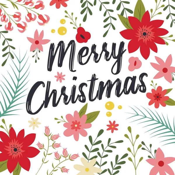 Typografische Merry Christmas Card Met Florale Decoratieve Elementen Vectorillustratie — Stockvector