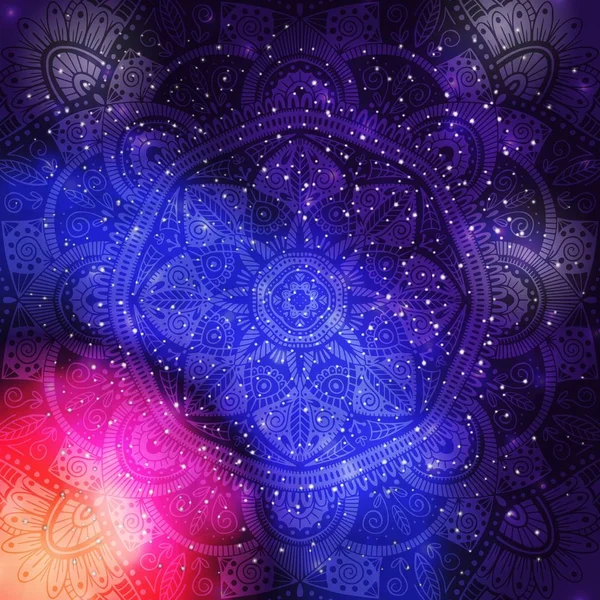 Ornamental floral ethnic mandala on purple galaxy background — Stock Vector