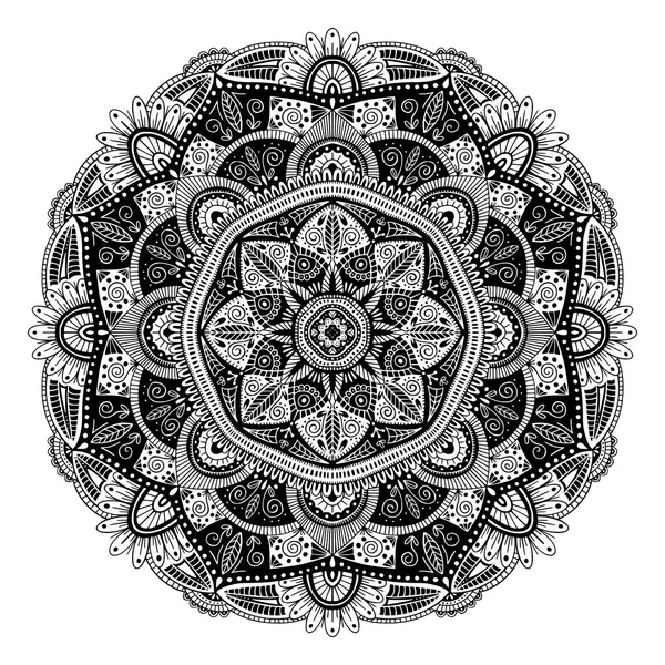 Mandala etnico floreale in bianco e nero, su sfondo bianco — Vettoriale Stock