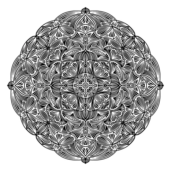 Mandala etnico floreale in bianco e nero, su sfondo bianco — Vettoriale Stock