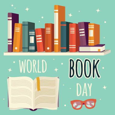 Dünya kitap günü, kitap raf ve gözlüklü açık kitap