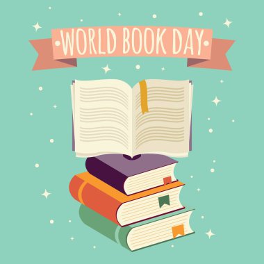 Dünya kitap günü, Festival afiş ve kitap yığını ile açık kitap
