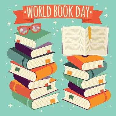Dünya kitap günü, nane arka plan gözlüklerle kitap yığını üzerinde açık kitap