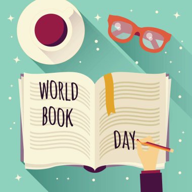 Dünya kitap günü, yazma, kahve fincanı ve gözlük bir el ile açık kitap