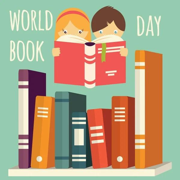 Día Mundial del Libro, niña y niño leyendo con un montón de libros en un estante — Vector de stock