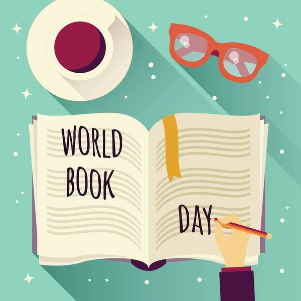 World book day, open book with a hand writing, coffee cup and glasses — Stock Vector