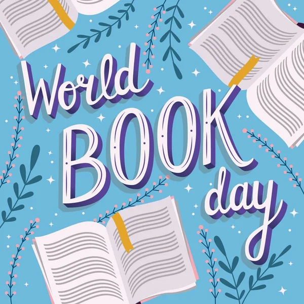 Dia do livro mundial, tipografia lettering mão design de cartaz moderno com livros abertos —  Vetores de Stock